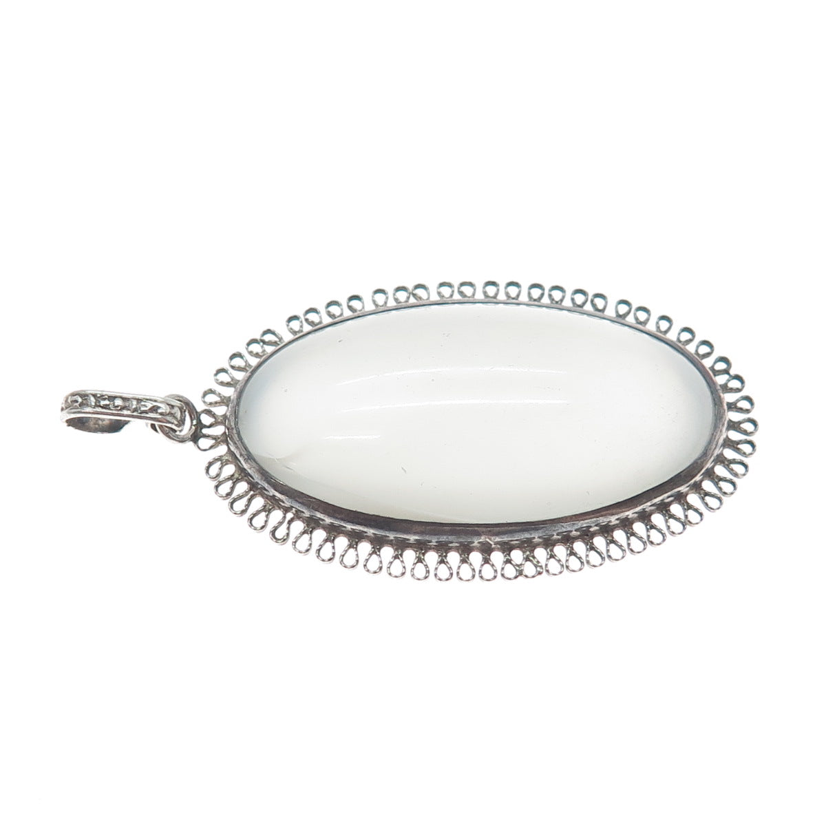 925 Sterling Silver Antique Art Deco Milky Glass Filigree Pendant