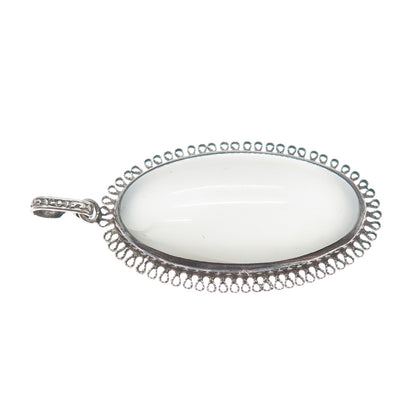925 Sterling Silver Antique Art Deco Milky Glass Filigree Pendant