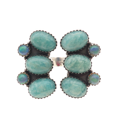 925 Sterling Vintage Real Amazonite & Opal Adjustable Statement Ring Size 7.5