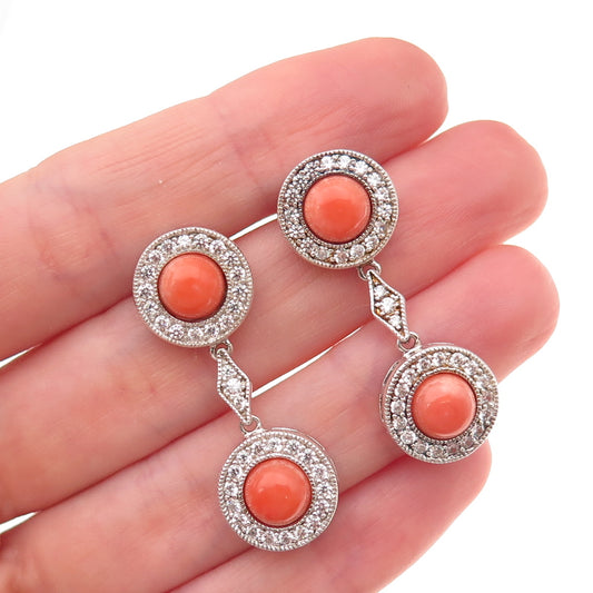 Joseph Esposito 925 Sterling Silver Vintage Real Coral & C Z Dangle Earrings
