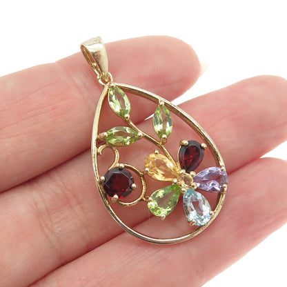 925 Sterling Silver Vintage Amethyst Citrine Peridot Garnet Topaz Gem Pendant