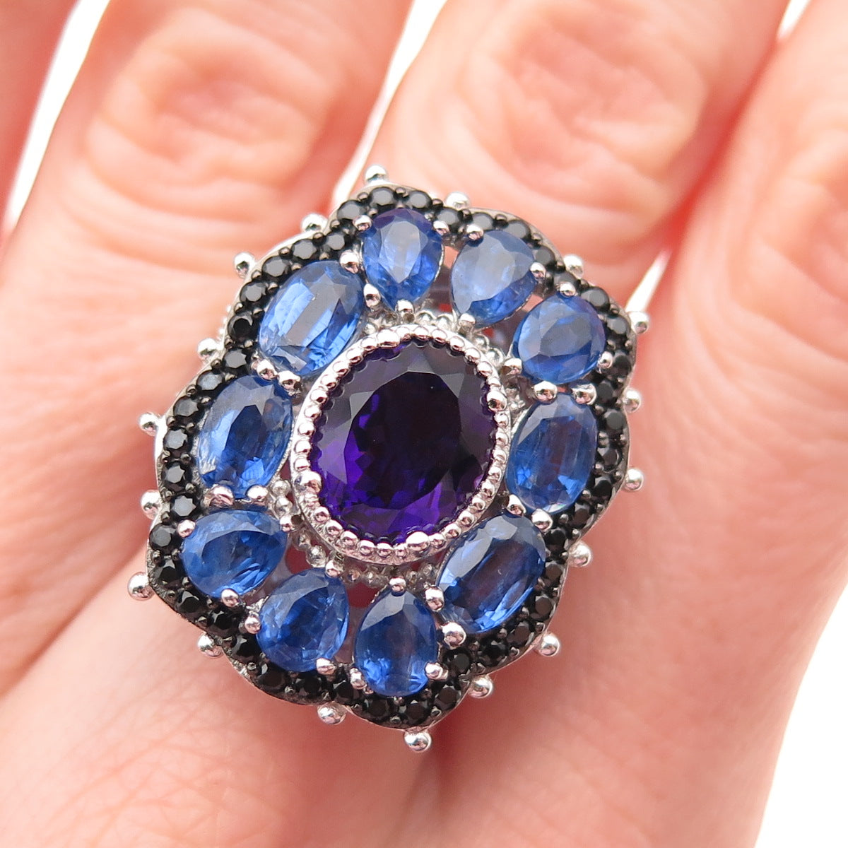 925 Sterling Silver Real Sapphire Amethyst & Black Spinel Cluster Ring Size 7