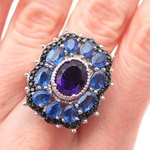 925 Sterling Silver Real Sapphire Amethyst & Black Spinel Cluster Ring Size 7