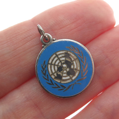 925 Sterling Silver Vintage Enamel United Nations Minimalist Charm Pendant