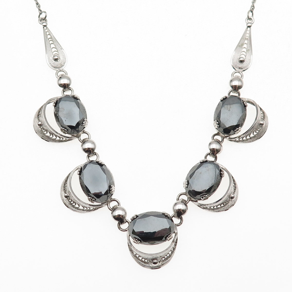 925 Sterling Silver Antique Art Deco Real Hematite Filigree Chain Necklace 16"
