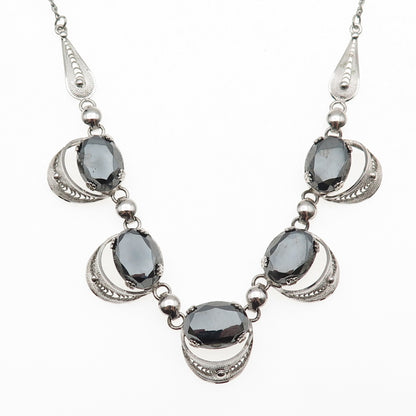 925 Sterling Silver Antique Art Deco Real Hematite Filigree Chain Necklace 16"