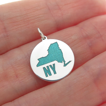 925 Sterling Silver Turquoise Enamel New York State Map Minimalist Charm Pendant