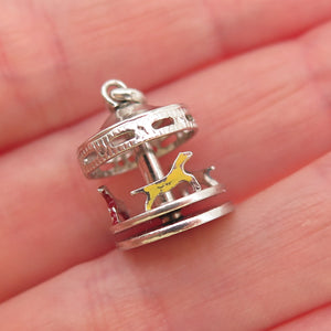 925 Sterling Silver Antique Art Deco Enamel Carousel Movable 3D Mini Pendant