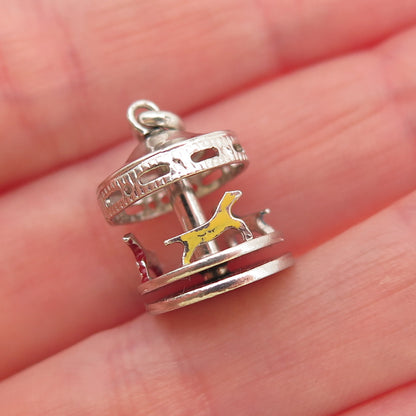 925 Sterling Silver Antique Art Deco Enamel Carousel Movable 3D Mini Pendant