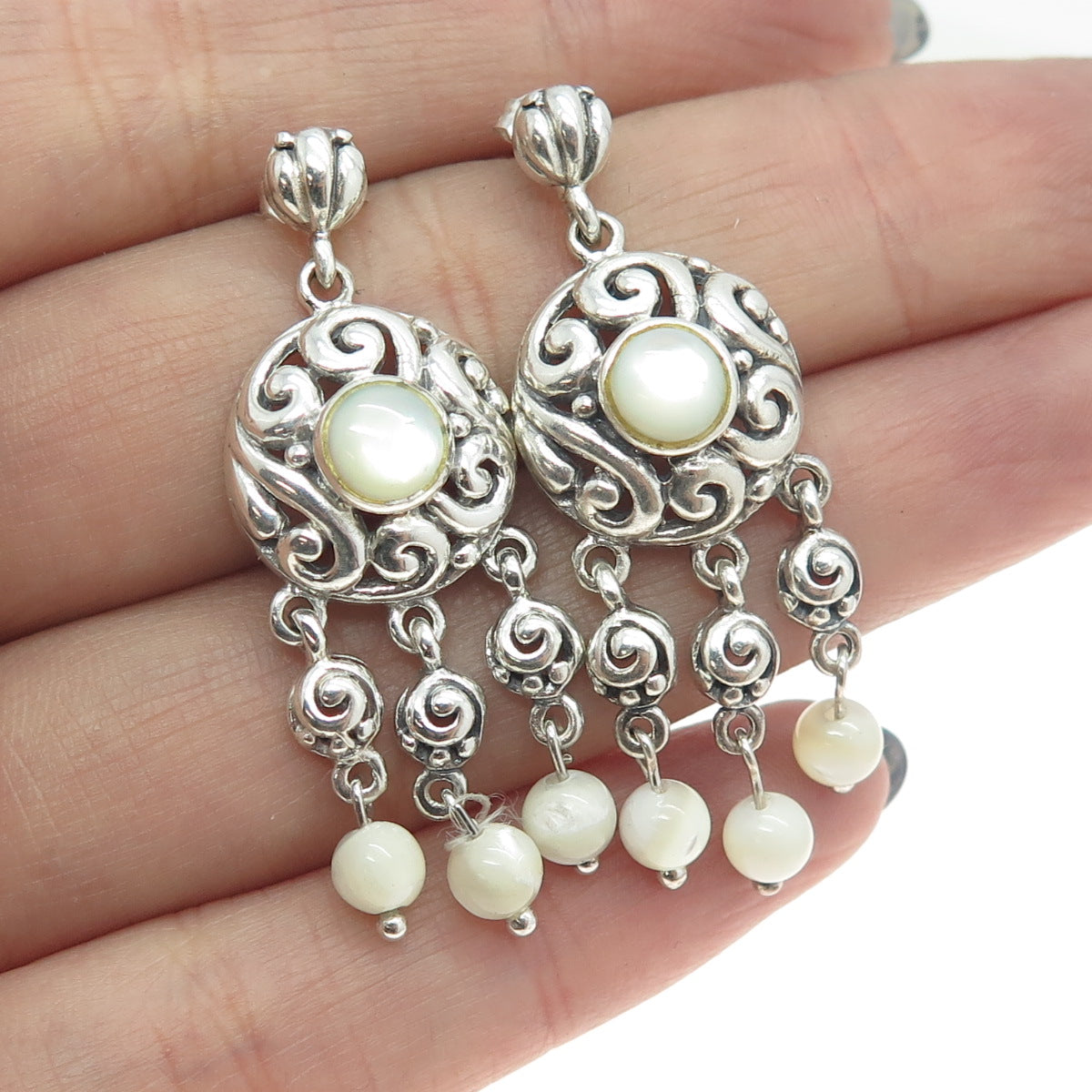 925 Sterling Silver Vintage Real Mother-of-Pearl Swirl Dangling Earrings