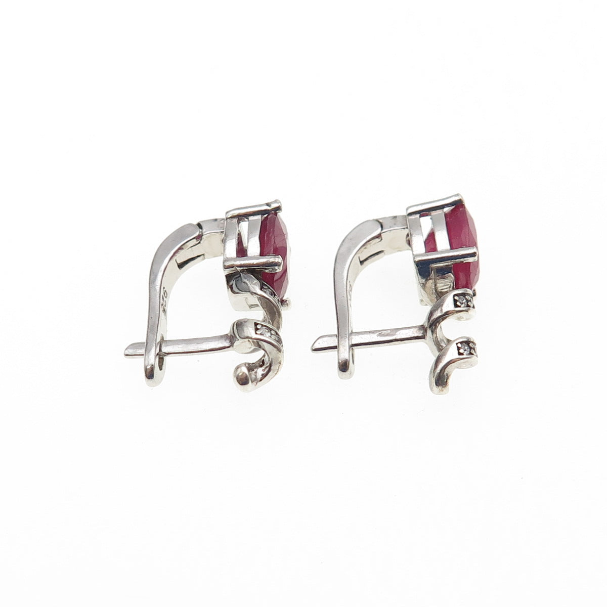 925 Sterling Silver Real Oval-Cut Ruby & Round-Cut C Z Swirl Earrings