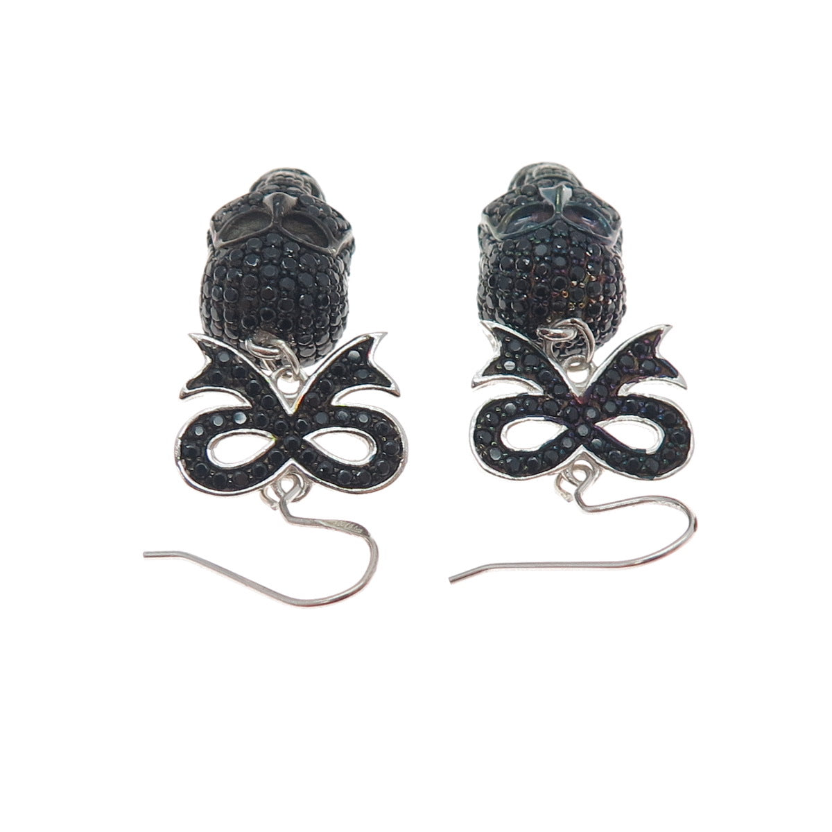 925 Sterling Silver Real Black Spinel Skull & Bow Dangle Earrings