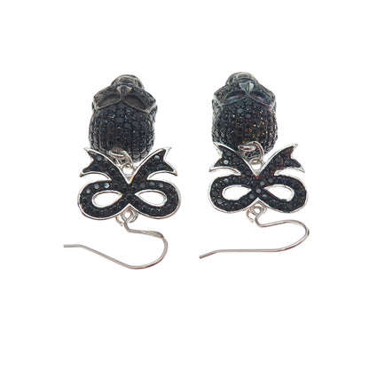 925 Sterling Silver Real Black Spinel Skull & Bow Dangle Earrings