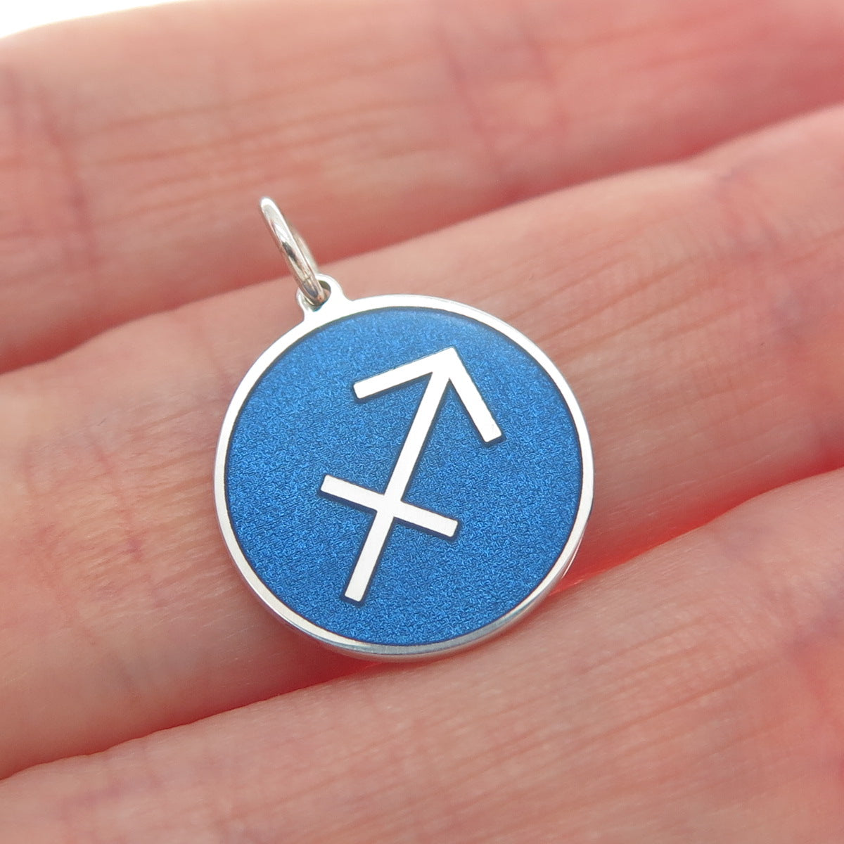 925 Sterling Silver Blue Enamel Male Symbol Round Tag Minimalist Charm Pendant