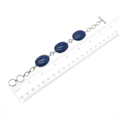 925 Sterling Silver Vintage J&T Real Lapis Lazuli Station Link Bracelet 6.5-7"
