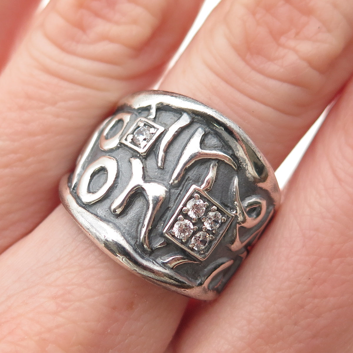 SAN GIOVANNI 925 Sterling Silver Vintage C Z Monkey Mount Oxidized Ring Size 8