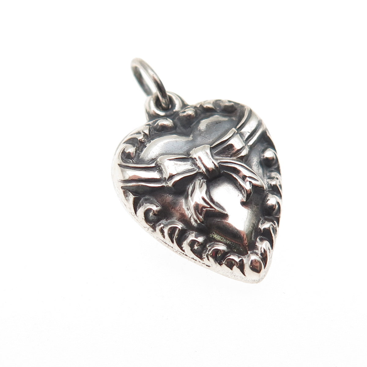 925 Sterling Silver Antique Art Deco Bow Heart Chatelaine Oxidized Charm Pendant