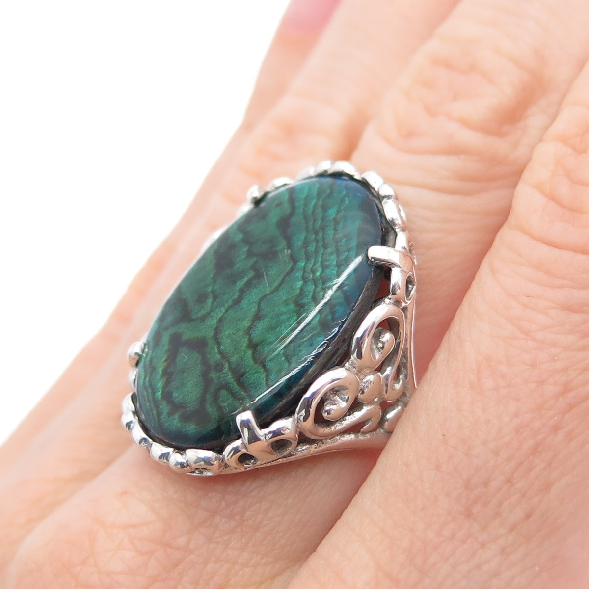 KABANA 925 Sterling Silver Vintage Real Abalone Shell Swirl Ring Size 8.25
