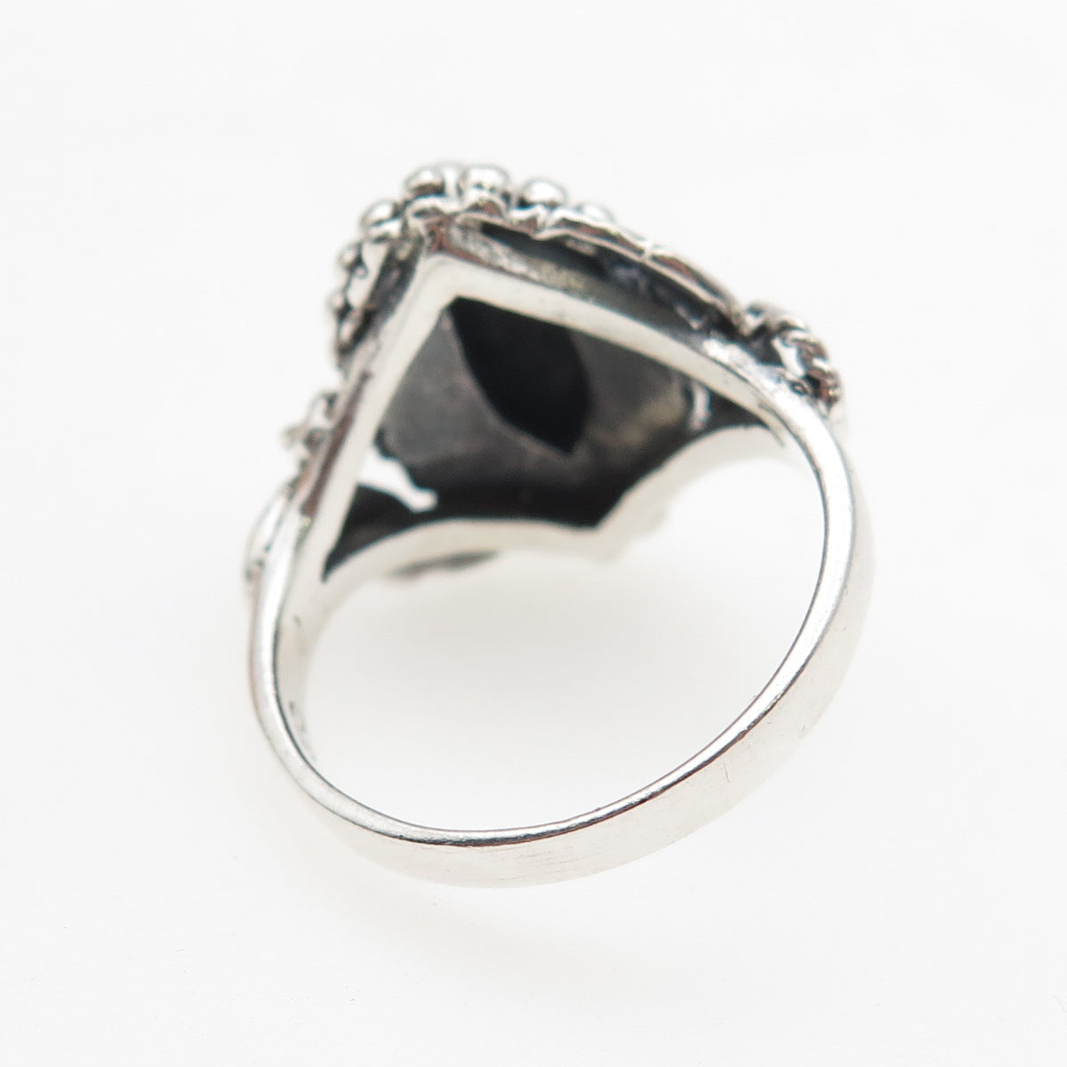 925 Sterling Silver Vintage Real Black Onyx Feather Beaded Oxidized Ring Size 7