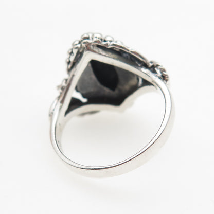 925 Sterling Silver Vintage Real Black Onyx Feather Beaded Oxidized Ring Size 7