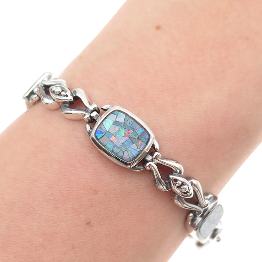 Michelle Albala 925 Sterling Silver Vintage Real Opal Mosaic Bracelet 7.25"