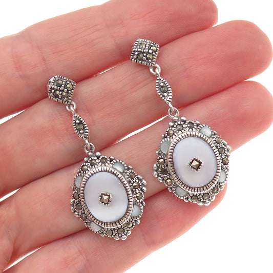 925 Sterling Silver Vintage Real MOP & Marcasite Dangle Earrings (missing stone)