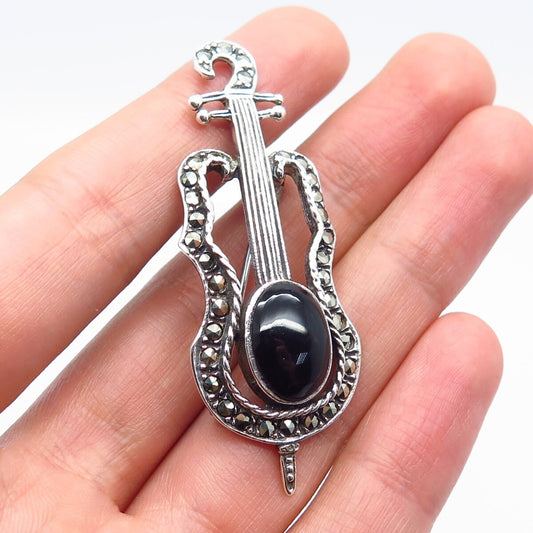 925 Sterling Silver Vintage Real Black Onyx & Marcasite Gem Guitar Pin Brooch