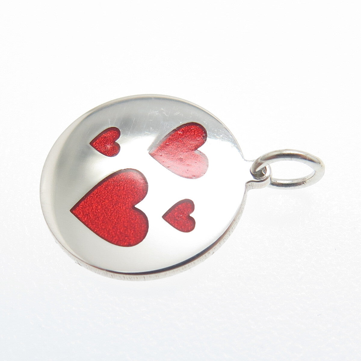 925 Sterling Silver Red Enamel Family Hearts Round Tag Minimalist Charm Pendant