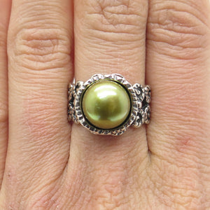 DIDAE 925 Sterling Silver Vintage Israel Real Pearl Oxidized Ring Size 8