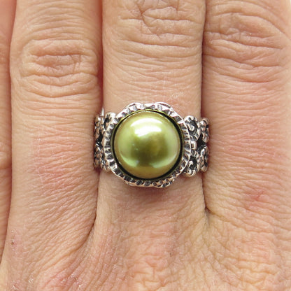 DIDAE 925 Sterling Silver Vintage Israel Real Pearl Oxidized Ring Size 8