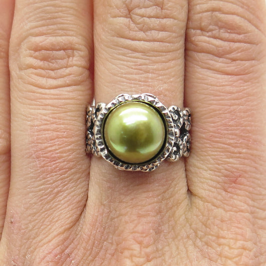 DIDAE 925 Sterling Silver Vintage Israel Real Pearl Oxidized Ring Size 8