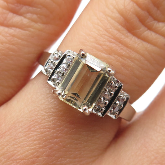 925 Sterling Silver Real Emerald-Cut Citrine & White Topaz Ring Size 6