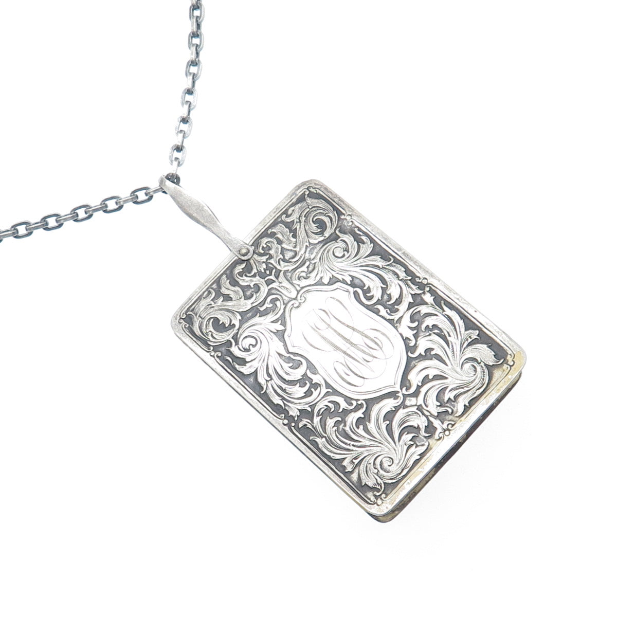 925 Sterling Silver Antique Engraved Notebook Chatelaine Oxidized Necklace 26"