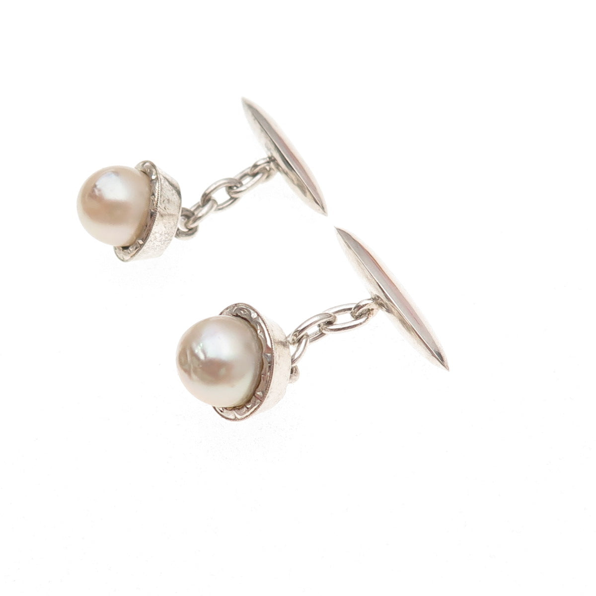 925 Sterling Silver Antique Japan Real Akoya Pearl Chain Cufflinks