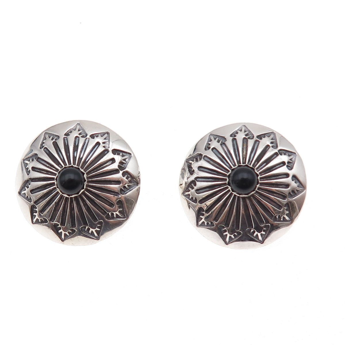 Old Pawn 925 Sterling Silver Vintage Black Onyx Concho Tribal Clip On Earrings