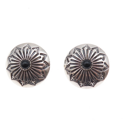 Old Pawn 925 Sterling Silver Vintage Black Onyx Concho Tribal Clip On Earrings