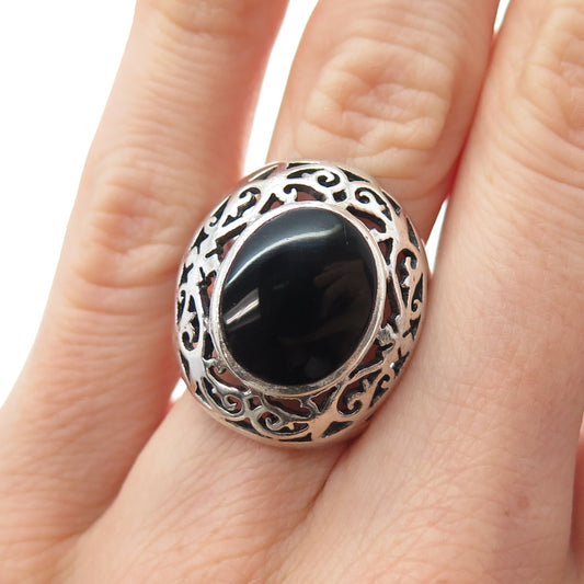 CFJ Collins Fine Sterling Silver Vintage Black Onyx Ornate Floral Ring Size 6