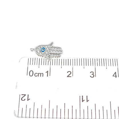 925 Sterling Silver Enamel Round-Cut C Z Hamsa Amulet Minimalist Charm Pendant