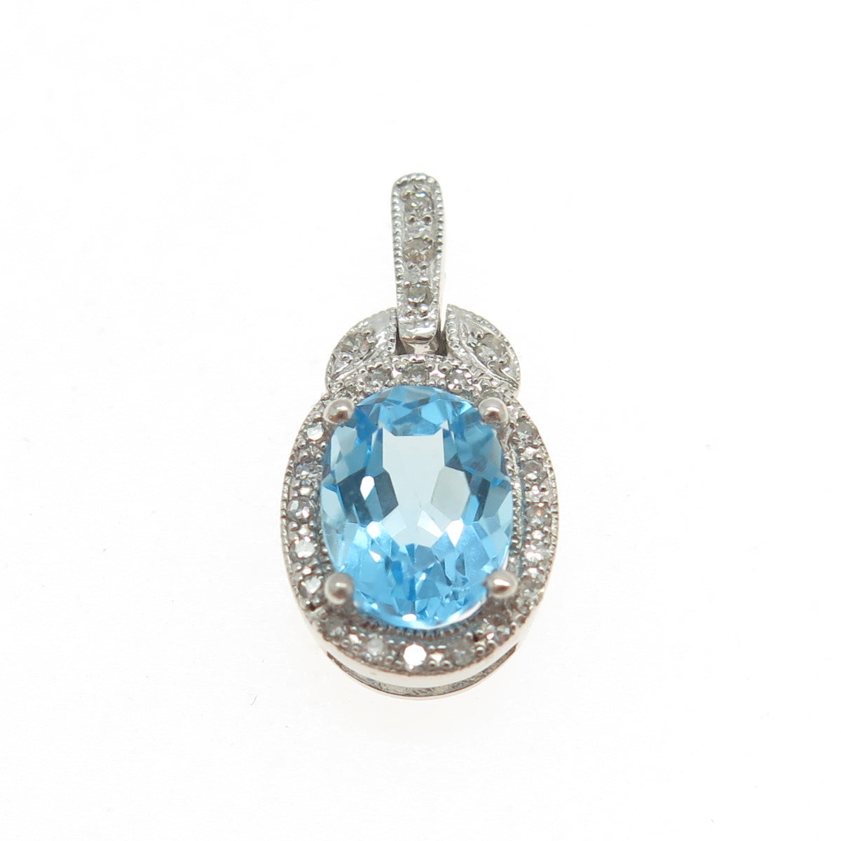 SAI 925 Sterling Silver Real Round-Cut Diamond & Oval-Cut Blue Topaz Pendant