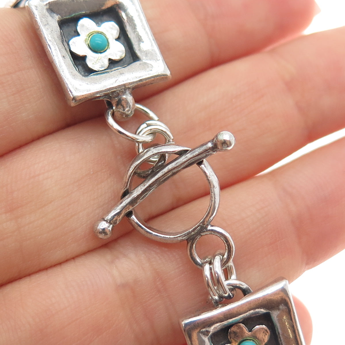 LIOR 925 Sterling Silver Vintage Real Turquoise Hamsa & Flower Bracelet 7.25"