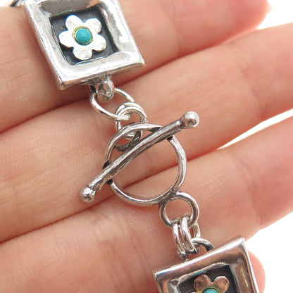 LIOR 925 Sterling Silver Vintage Real Turquoise Hamsa & Flower Bracelet 7.25"