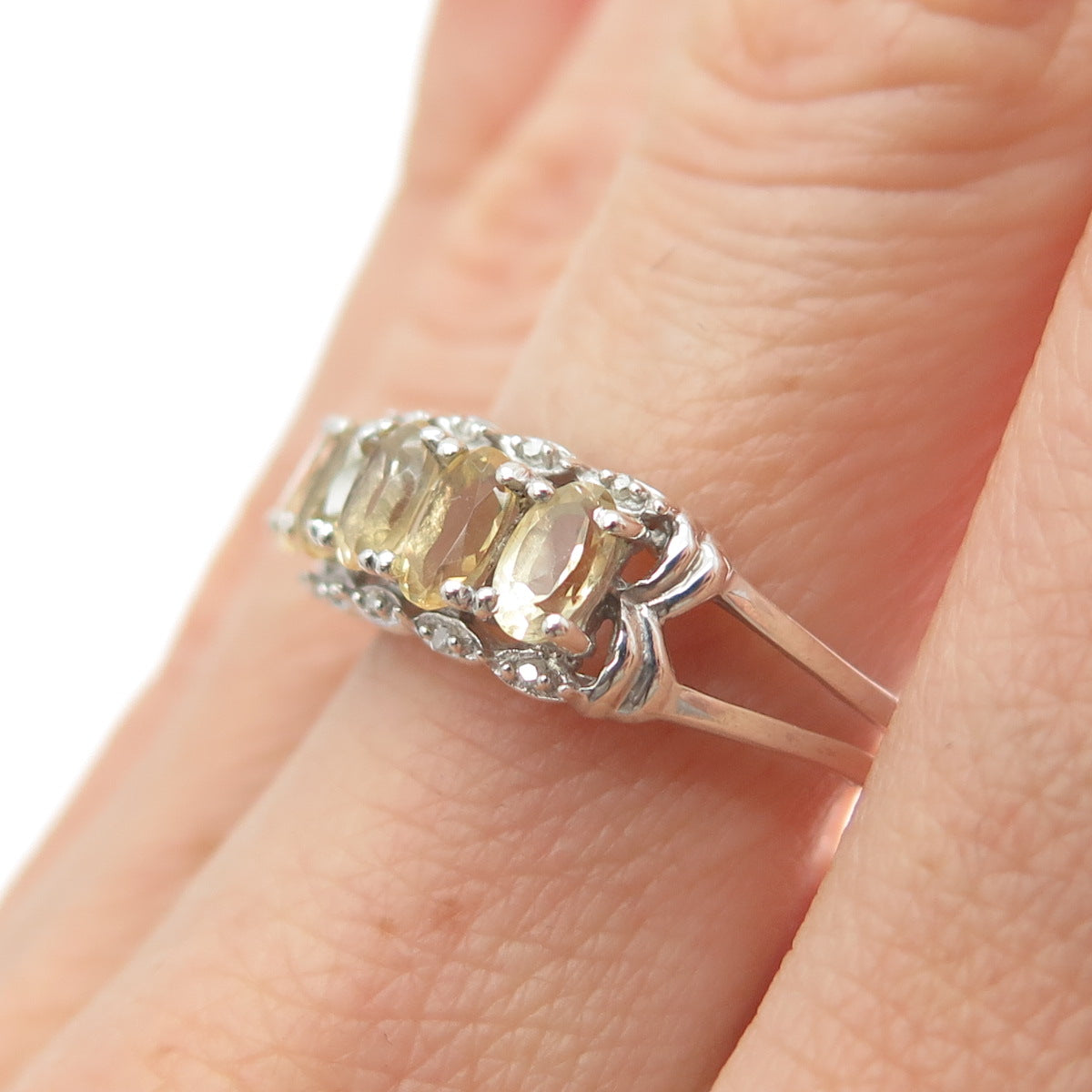 LUCENT LJ 925 Sterling Silver Real Round-Cut Diamond & Citrine Ring Size 7.25