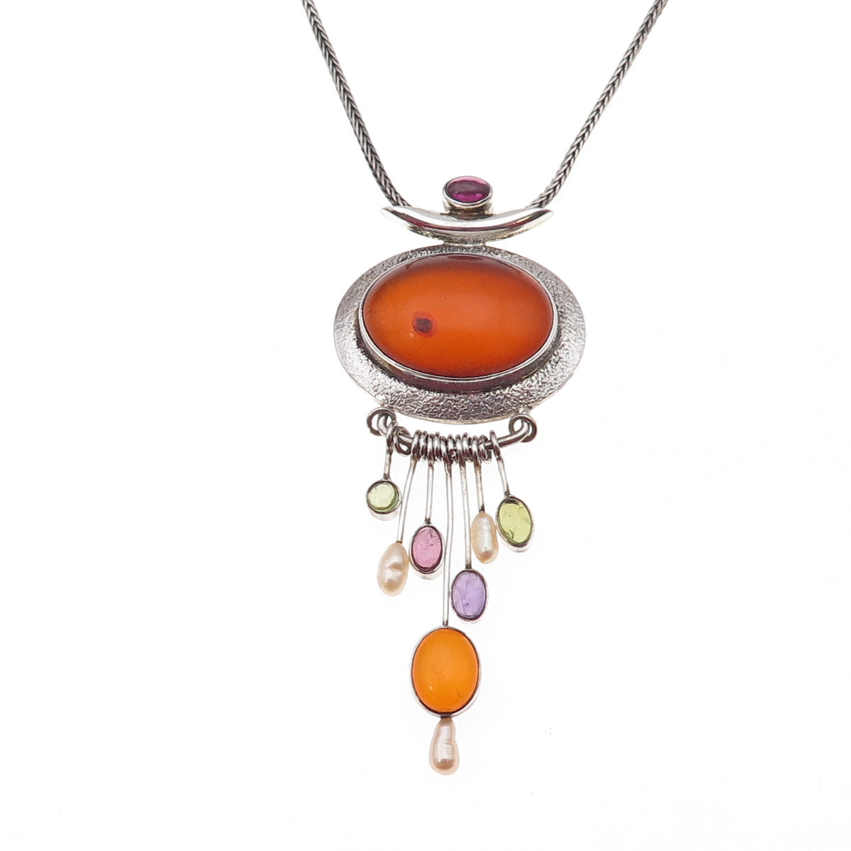Michou 925 Sterling Vintage Real Multi-Gem & Pearl Modernist Chain Necklace 16"