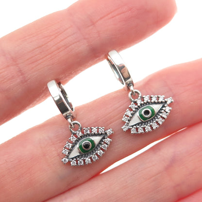 925 Sterling Silver Enamel & C Z Evil's Eye Amulet Dangle Charm Hoop Earrings