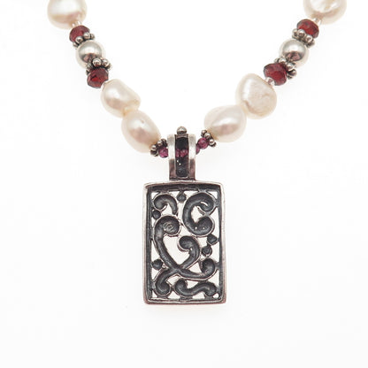 925 Sterling Silver Vintage Real Baroque Pearl Red Garnet Beaded Necklace 16-18"