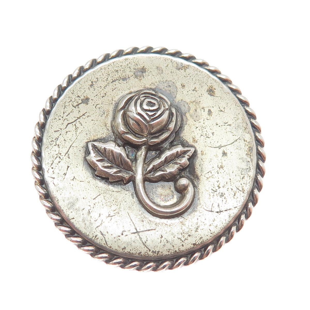 BEAU 925 Sterling Silver Antique Rose Flower Twisted Accent Round Pin Brooch