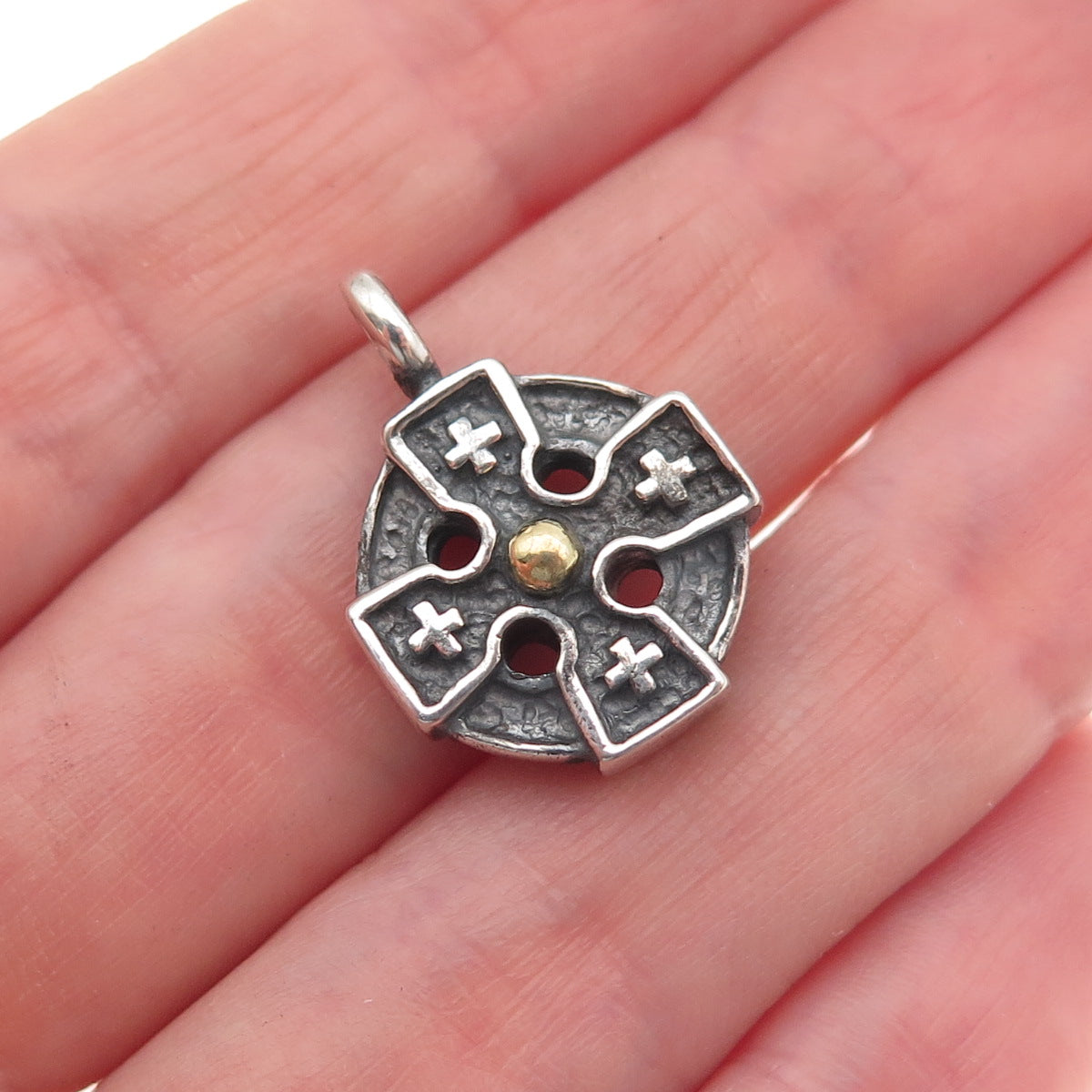 925 Sterling Silver 14K Gold Vintage Cross Oxidized Mini Charm Pendant