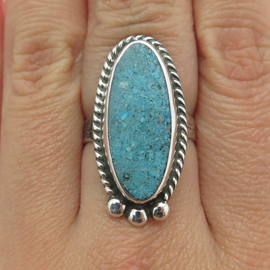 Old Pawn 925 Sterling Silver Vintage Southwestern Turquoise Inlay Ring Size 7.75