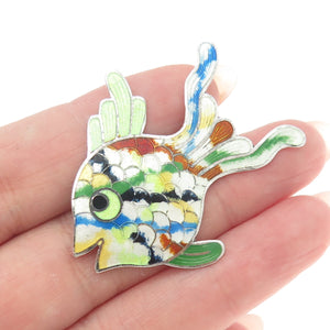 JERONIMO FUENTES 925 Sterling Vintage Mexico Cloisonne Enamel Fish Pin Brooch
