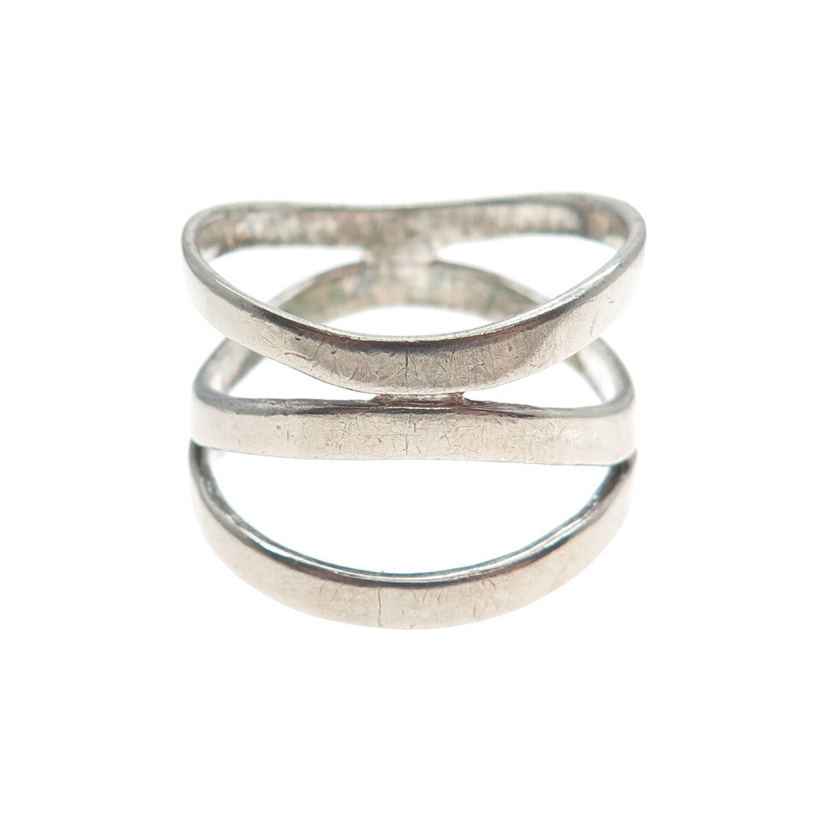 925 Sterling Silver Vintage Modernist Wavy 3-Row Oxidized Ring Size 8.75